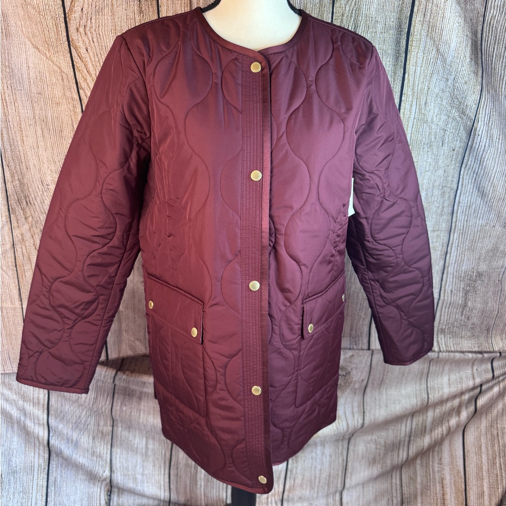 Talbots Burgundy Quilted Longline Puffer Coat With Gold Snaps